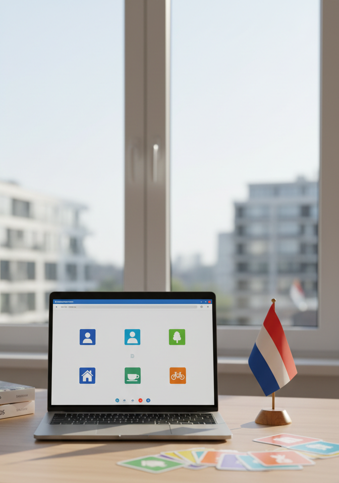 A sleek, modern home office desk with a slim silver laptop open to a clean video call interface, showing abstract, non-human icons representing learners. Around the laptop sit neatly stacked Dutch language textbooks, colorful flashcards with simple icons instead of text, and a small Dutch flag on a wooden stand. The desk is positioned near a large window overlooking a soft-focus cityscape. Gentle morning daylight creates a bright, welcoming glow, with soft shadows under the objects. Photographic realism, eye-level composition with shallow depth of field keeps the laptop in crisp focus while the background gently blurs, conveying professionalism, trust, and the comfort of personalised online Dutch lessons.