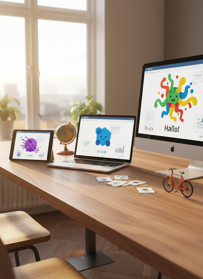 A warm, inclusive learning scene with a tablet, laptop and desktop monitor on a wooden table, each showing avatars of different ages engaged in the same Dutch lesson, lit by golden afternoon sunlight.